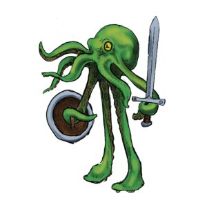 a walking octopus with sword and shield