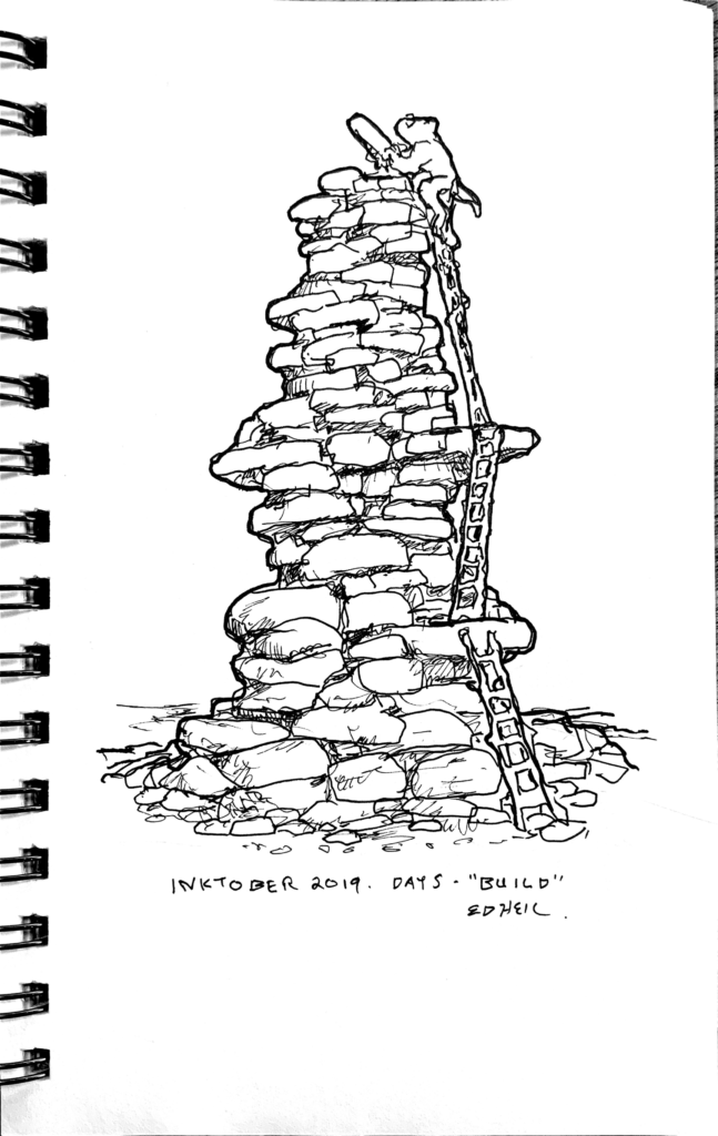 a somewhat rodentike creature placing a stone on top of a crazy tower of stones, having crawled up there via an improbably series of 3 ladders